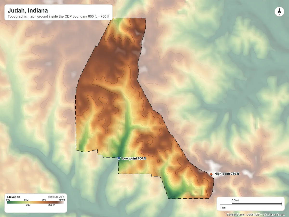 Topographic elevation map of Judah, Indiana, shaded from 600 ft on the south side to 760 ft on the southeast side