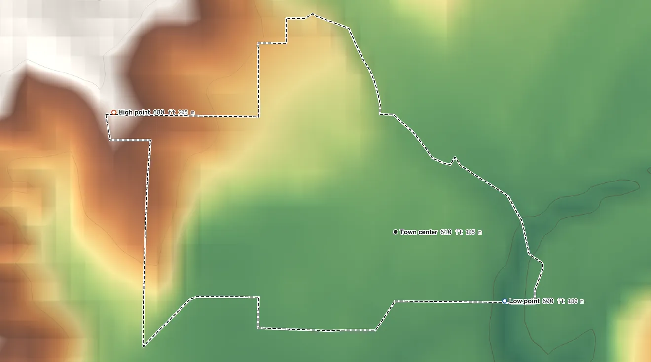 Topographic elevation map of Judson, Indiana, shaded from 600 ft on the southeast side to 680 ft on the northwest side
