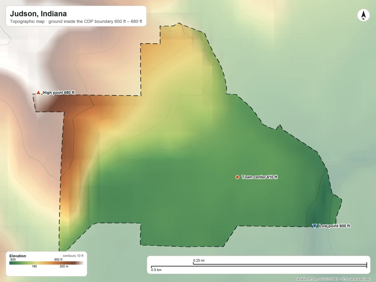 Topographic elevation map of Judson, Indiana, shaded from 600 ft on the southeast side to 680 ft on the northwest side