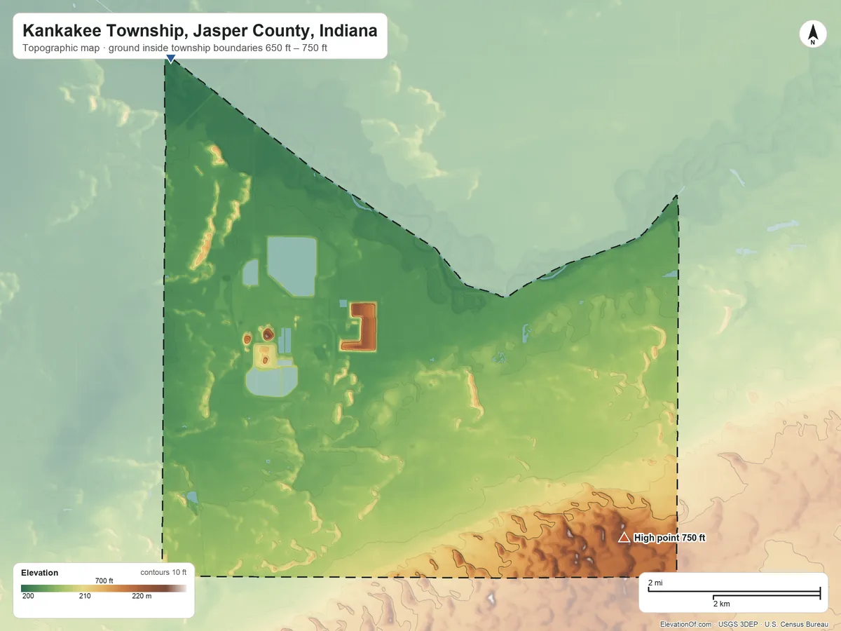 Topographic elevation map of Kankakee Township, Jasper County, Indiana, shaded from 650 ft on the northwest side to 750 ft on the southeast side