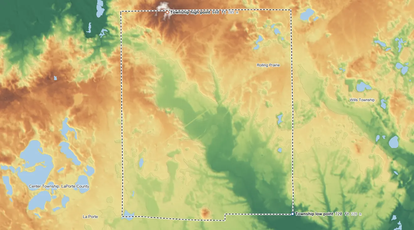 Topographic elevation map of Kankakee Township, Indiana, shaded from 720 ft on the southeast side to 940 ft on the north side