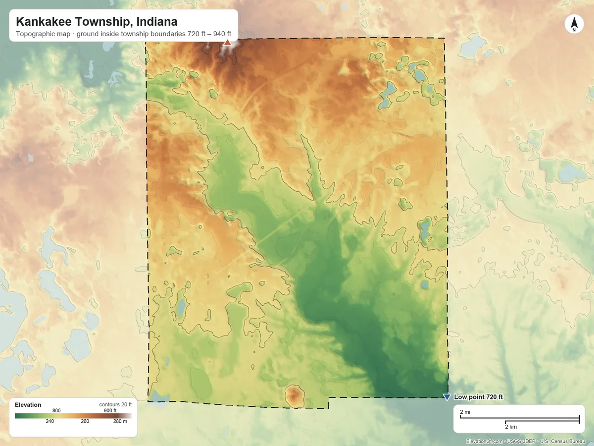 Topographic elevation map of Kankakee Township, Indiana, shaded from 720 ft on the southeast side to 940 ft on the north side