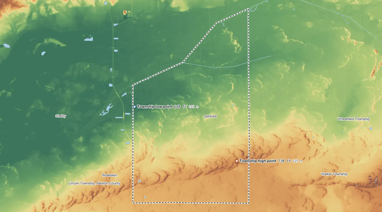 Topographic elevation map of Keener Township, Indiana, shaded from 640 ft on the northwest side to 730 ft on the southeast side
