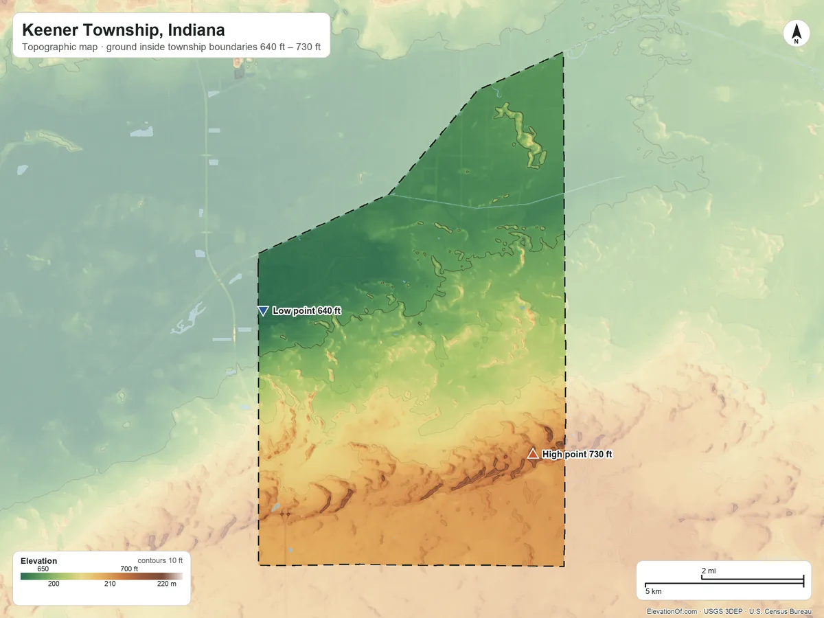 Topographic elevation map of Keener Township, Indiana, shaded from 640 ft on the northwest side to 730 ft on the southeast side