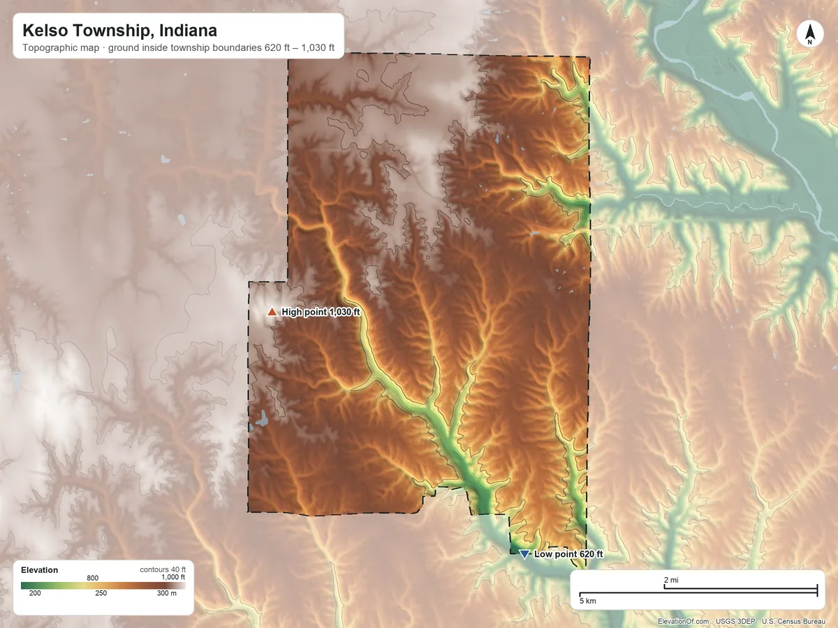 Topographic elevation map of Kelso Township, Indiana, shaded from 620 ft on the south side to 1,030 ft on the west side