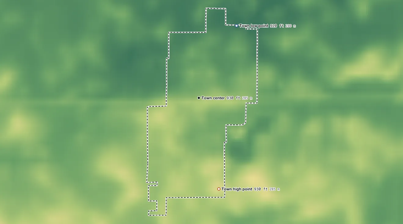 Topographic elevation map of Kempton, Indiana, shaded from 920 ft on the northeast side to 930 ft on the south side