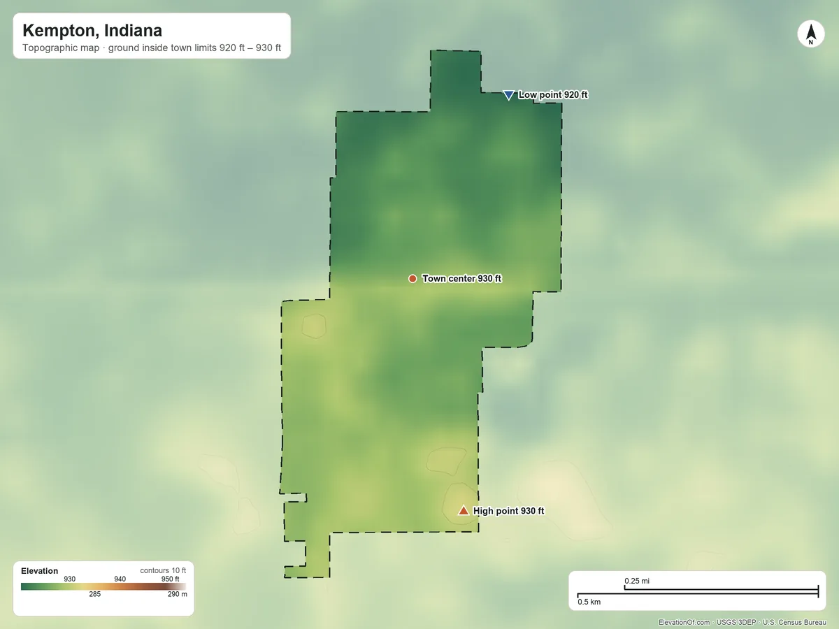 Topographic elevation map of Kempton, Indiana, shaded from 920 ft on the northeast side to 930 ft on the south side