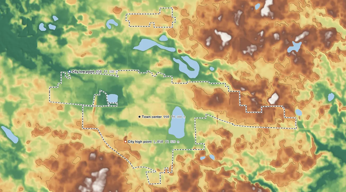 Topographic elevation map of Kendallville, Indiana, shaded from 950 ft on the northwest side to 1,050 ft near the middle