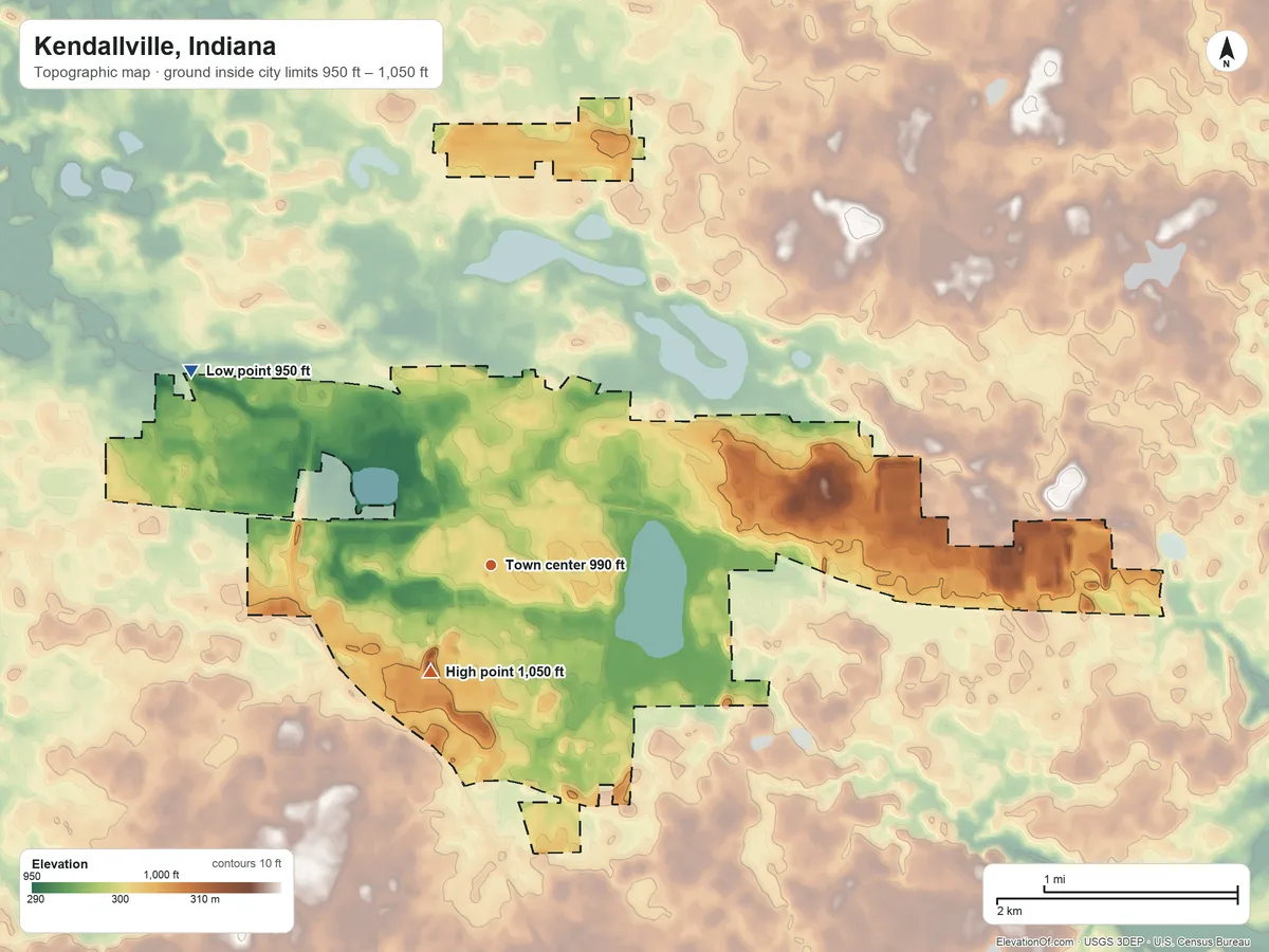 Topographic elevation map of Kendallville, Indiana, shaded from 950 ft on the northwest side to 1,050 ft near the middle