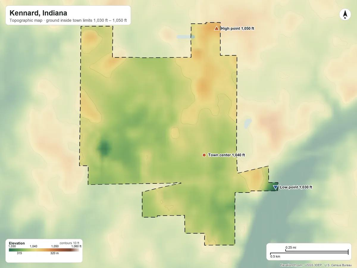 Topographic elevation map of Kennard, Indiana, shaded from 1,030 ft on the southeast side to 1,050 ft on the north side