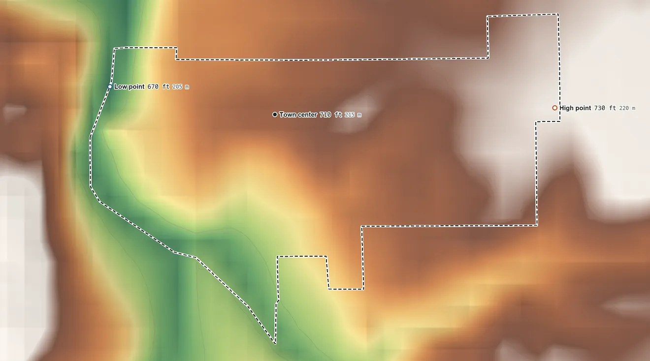 Topographic elevation map of Kent, Indiana, shaded from 670 ft on the west side to 730 ft on the east side