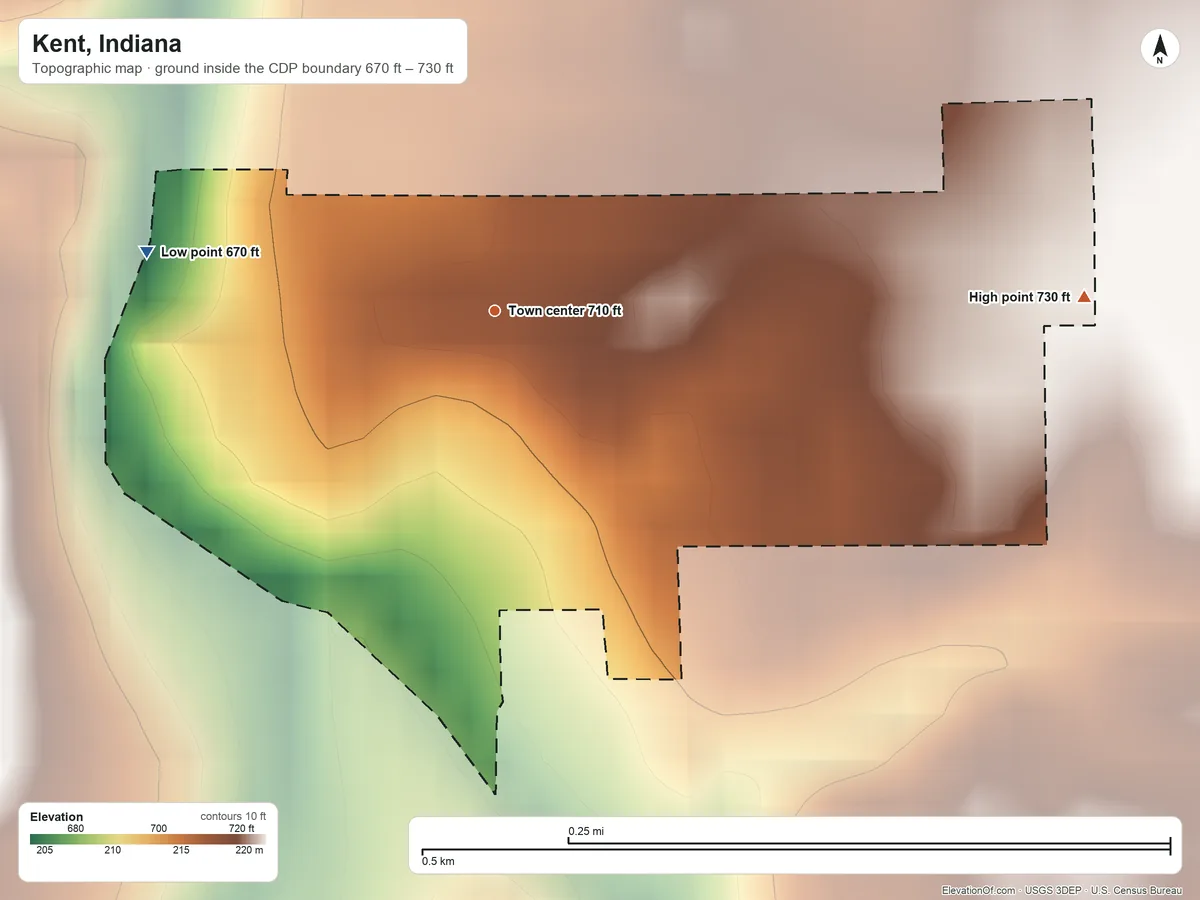 Topographic elevation map of Kent, Indiana, shaded from 670 ft on the west side to 730 ft on the east side