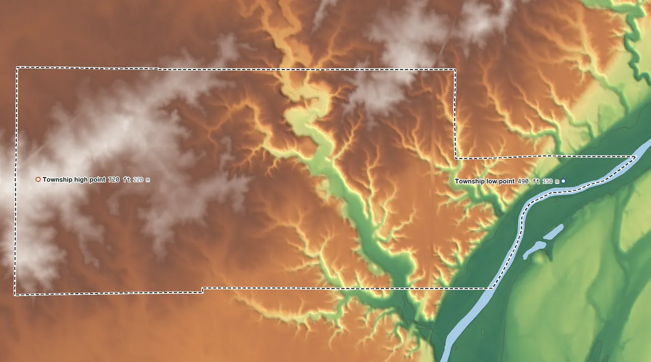 Topographic elevation map of Kent Township, Indiana, shaded from 490 ft on the east side to 720 ft on the west side