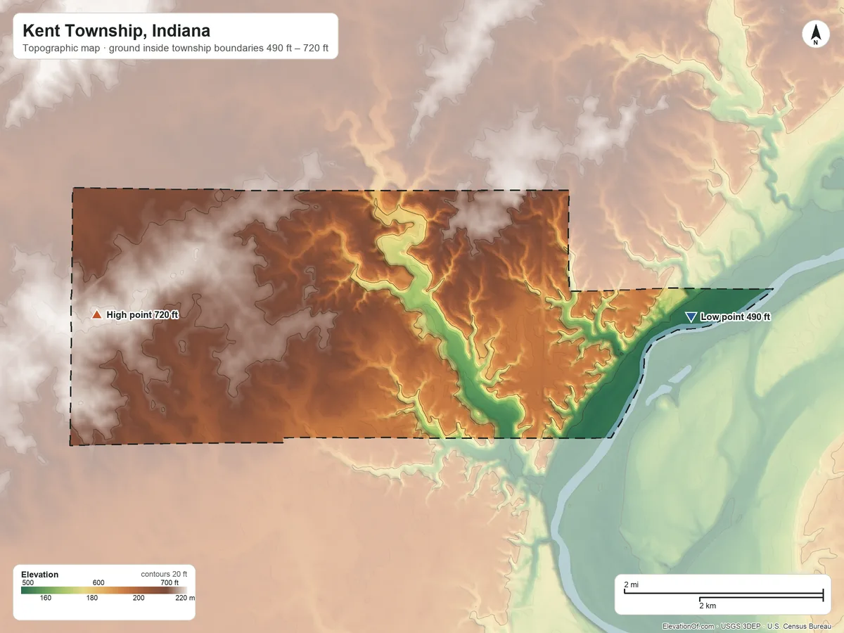 Topographic elevation map of Kent Township, Indiana, shaded from 490 ft on the east side to 720 ft on the west side