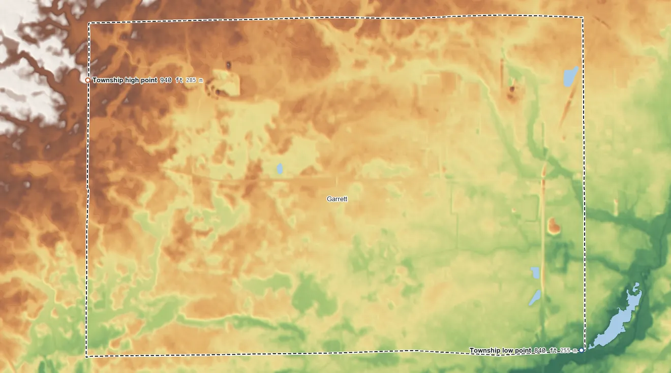 Topographic elevation map of Keyser Township, Indiana, shaded from 840 ft on the southeast side to 940 ft on the northwest side