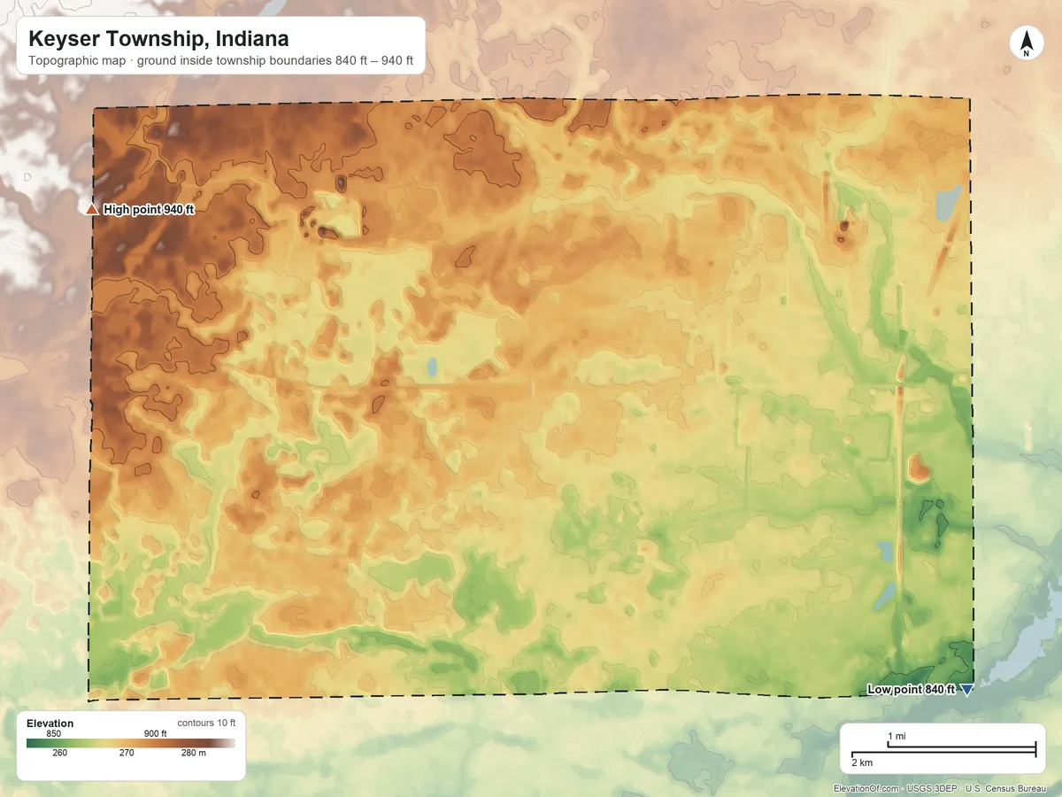 Topographic elevation map of Keyser Township, Indiana, shaded from 840 ft on the southeast side to 940 ft on the northwest side