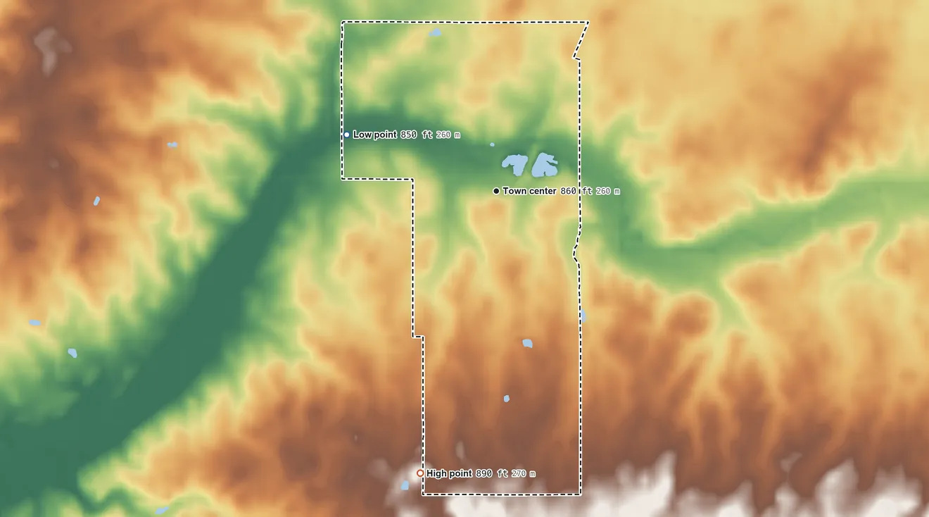 Topographic elevation map of Keystone, Indiana, shaded from 850 ft on the west side to 890 ft on the south side