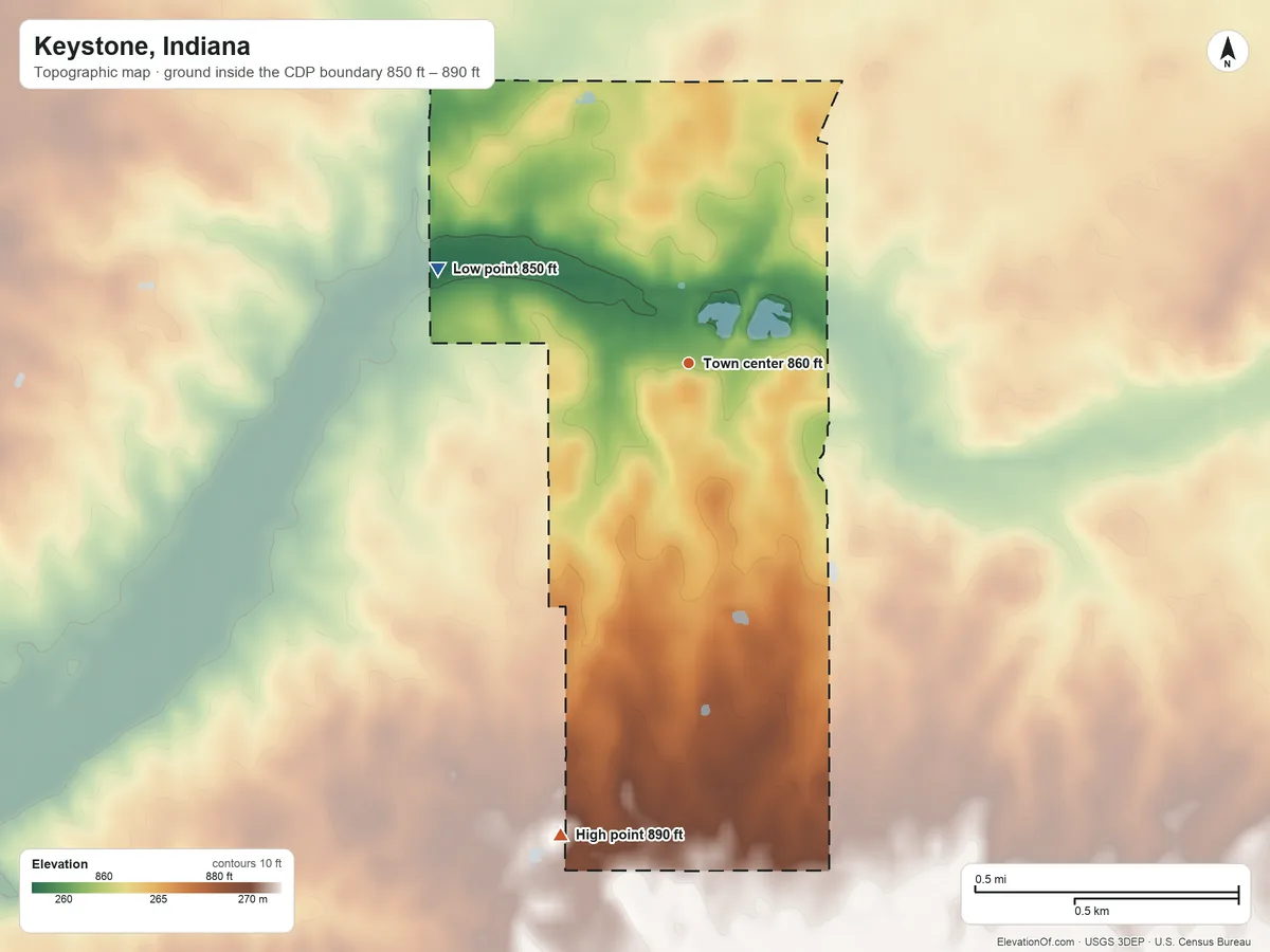 Topographic elevation map of Keystone, Indiana, shaded from 850 ft on the west side to 890 ft on the south side