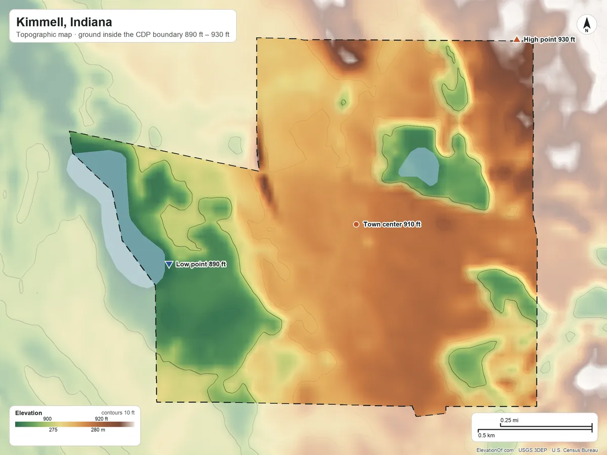 Topographic elevation map of Kimmell, Indiana, shaded from 890 ft on the west side to 930 ft on the northeast side