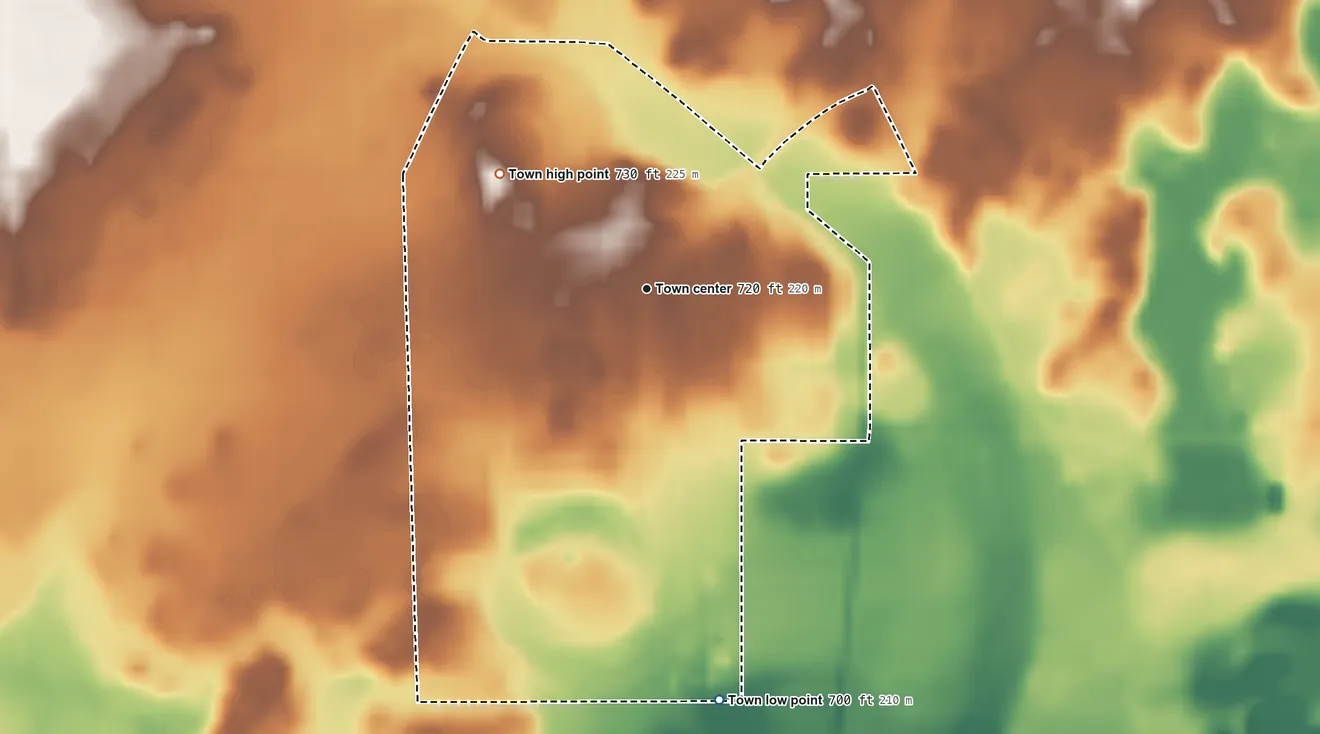 Topographic elevation map of Kingsford Heights, Indiana, shaded from 700 ft on the south side to 730 ft on the northwest side