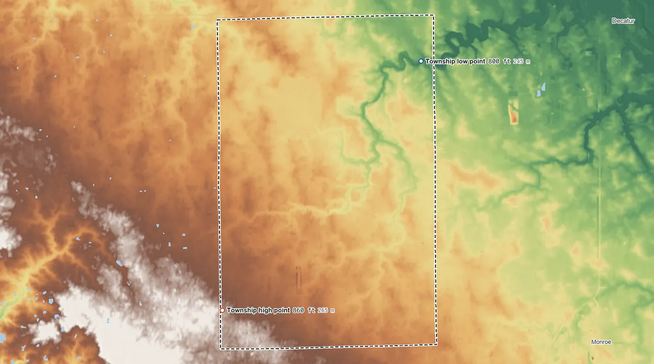Topographic elevation map of Kirkland Township, Indiana, shaded from 800 ft on the northeast side to 860 ft on the southwest side