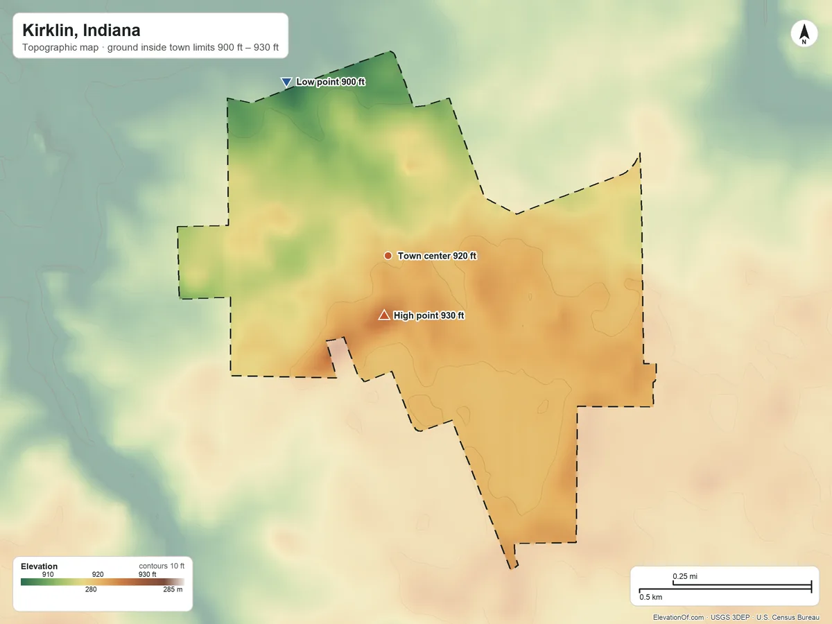 Topographic elevation map of Kirklin, Indiana, shaded from 900 ft on the northwest side to 930 ft near the middle