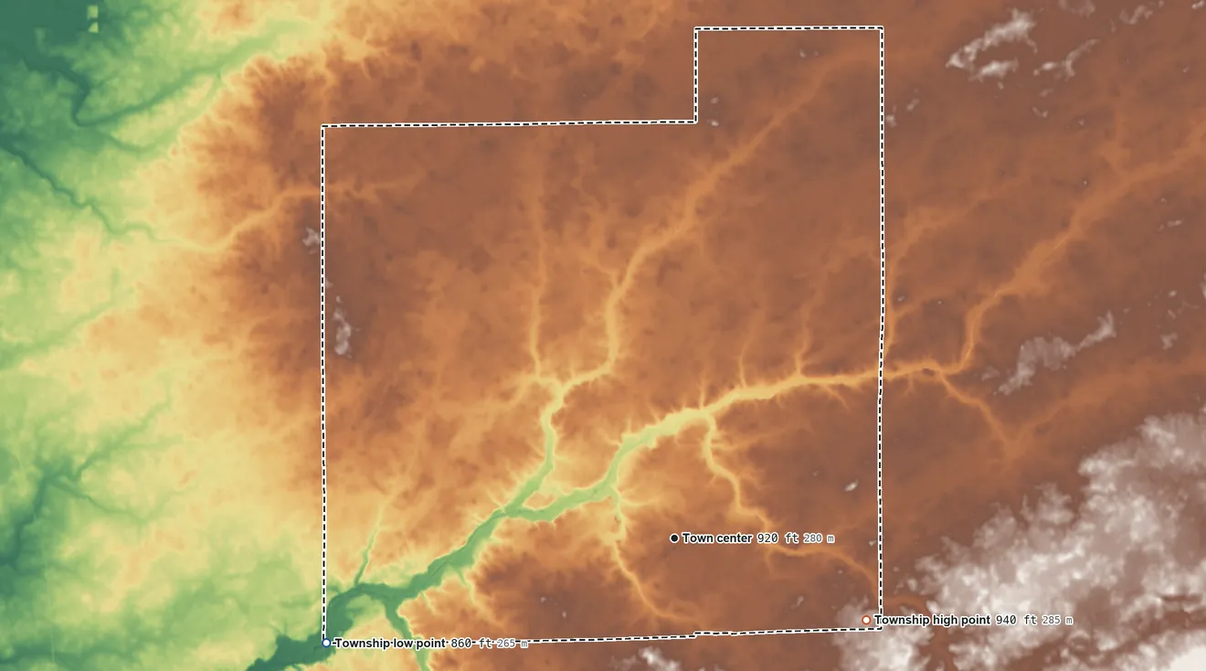 Topographic elevation map of Kirklin Township, Indiana, shaded from 860 ft on the west side to 940 ft on the southeast side