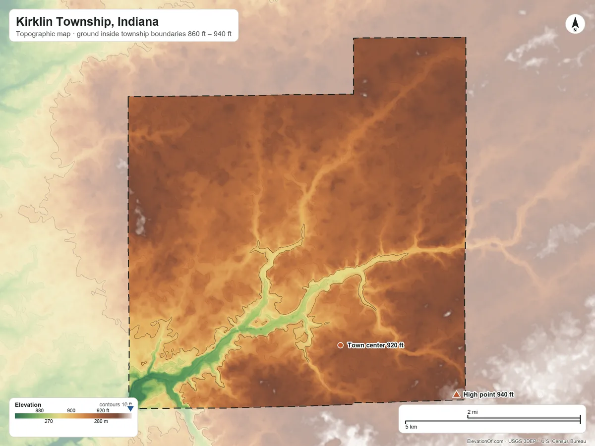 Topographic elevation map of Kirklin Township, Indiana, shaded from 860 ft on the west side to 940 ft on the southeast side