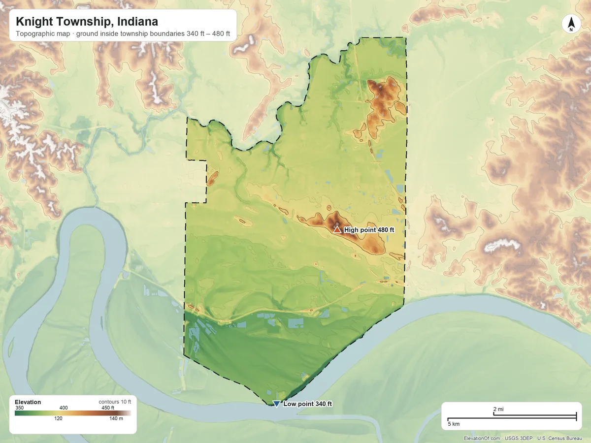 Topographic elevation map of Knight Township, Indiana, shaded from 340 ft on the south side to 480 ft on the east side
