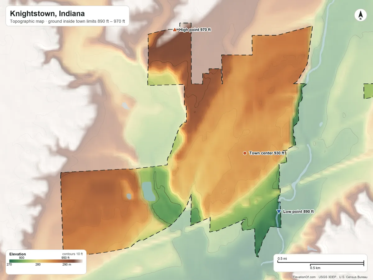 Topographic elevation map of Knightstown, Indiana, shaded from 890 ft on the southeast side to 970 ft on the northwest side