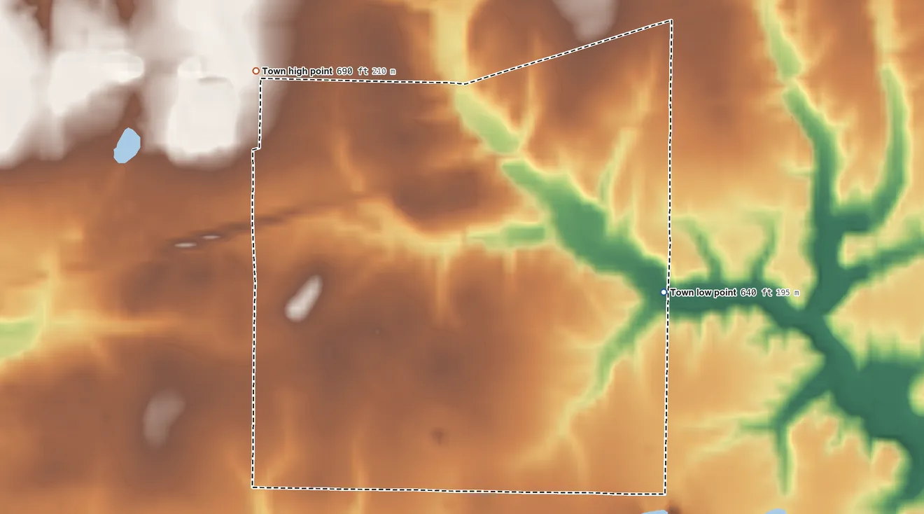 Topographic elevation map of Knightsville, Indiana, shaded from 640 ft on the east side to 690 ft on the northwest side
