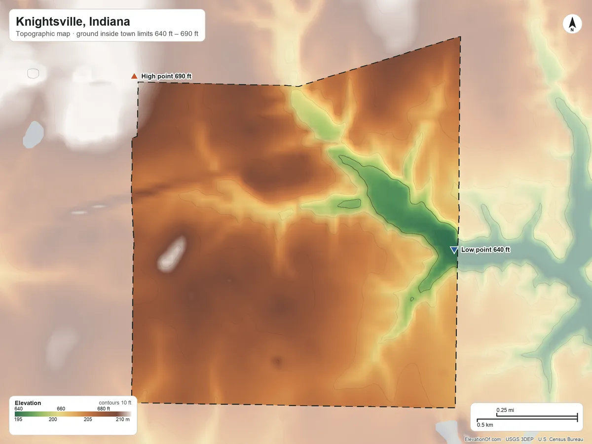 Topographic elevation map of Knightsville, Indiana, shaded from 640 ft on the east side to 690 ft on the northwest side