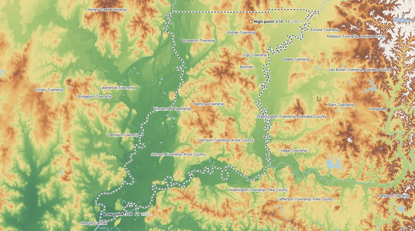 Topographic elevation map of Knox County, Indiana, shaded from 380 ft on the southwest side to 650 ft on the northeast side