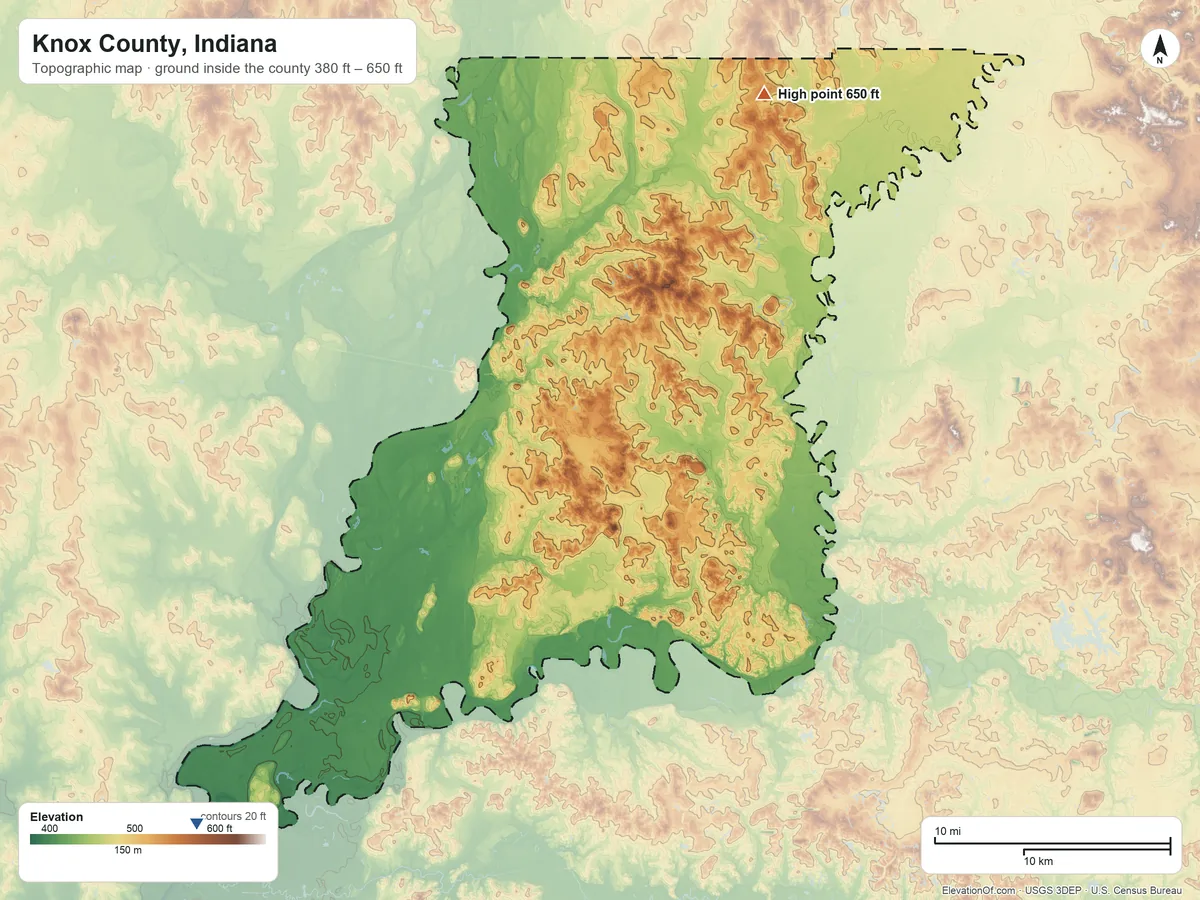 Topographic elevation map of Knox County, Indiana, shaded from 380 ft on the southwest side to 650 ft on the northeast side