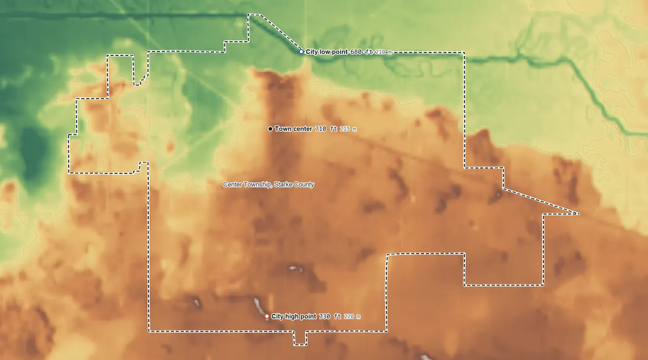 Topographic elevation map of Knox, Indiana, shaded from 680 ft on the north side to 730 ft on the south side