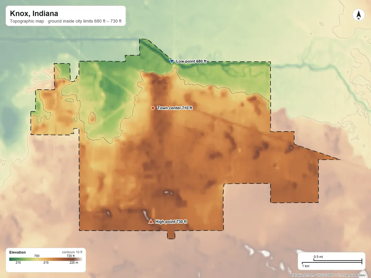 Topographic elevation map of Knox, Indiana, shaded from 680 ft on the north side to 730 ft on the south side