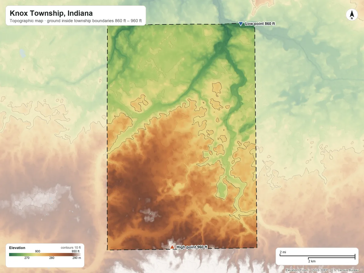 Topographic elevation map of Knox Township, Indiana, shaded from 860 ft on the northeast side to 960 ft on the south side