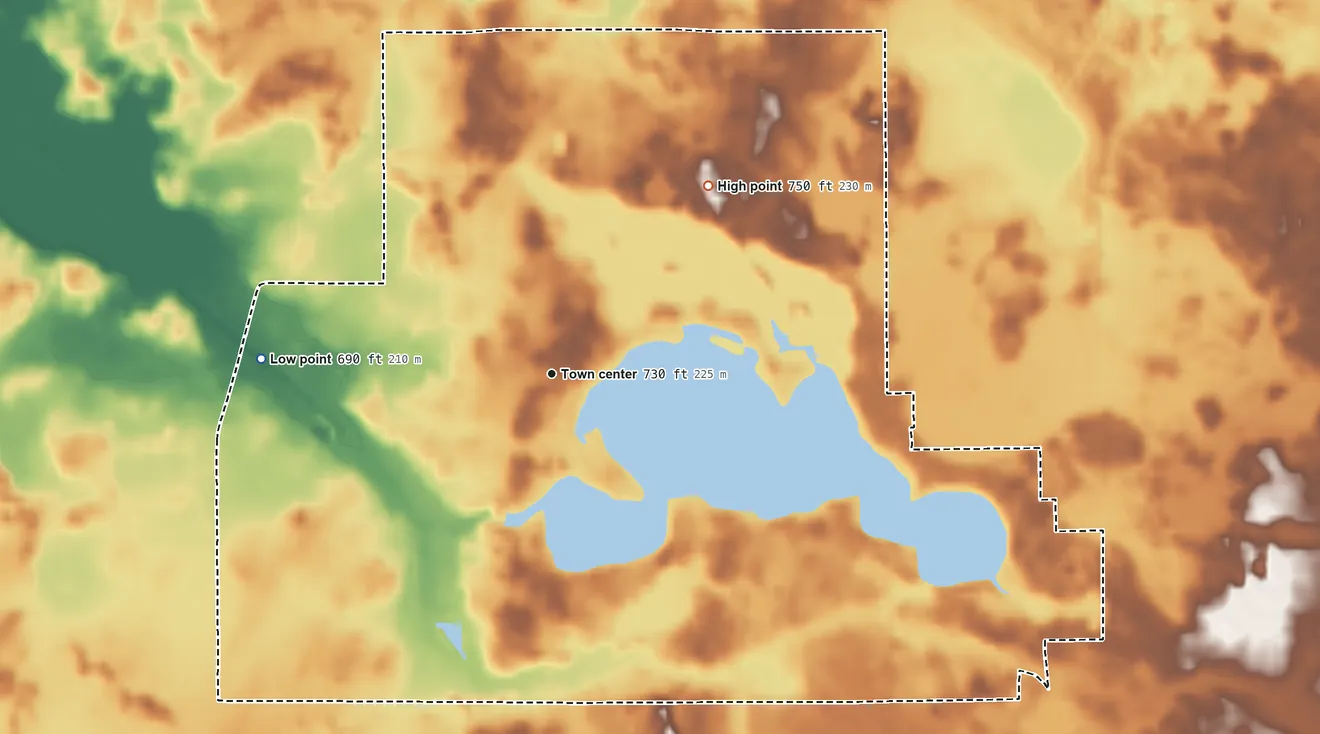 Topographic elevation map of Koontz Lake, Indiana, shaded from 690 ft on the west side to 750 ft on the northeast side