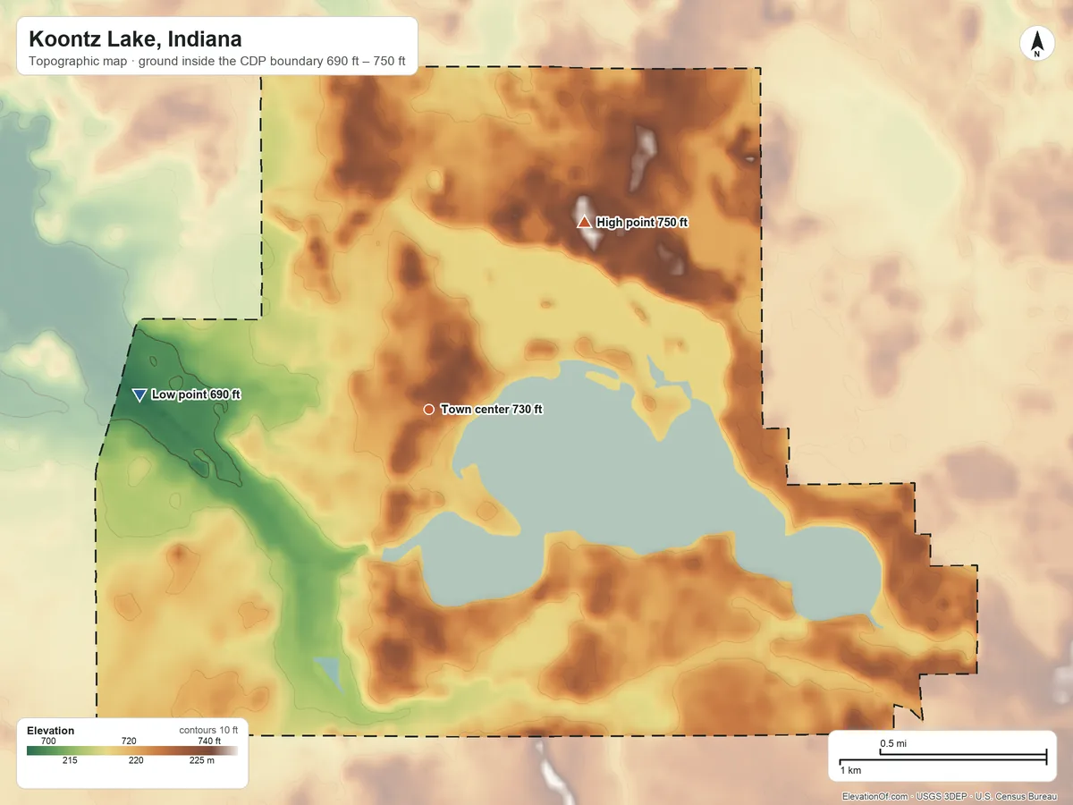 Topographic elevation map of Koontz Lake, Indiana, shaded from 690 ft on the west side to 750 ft on the northeast side