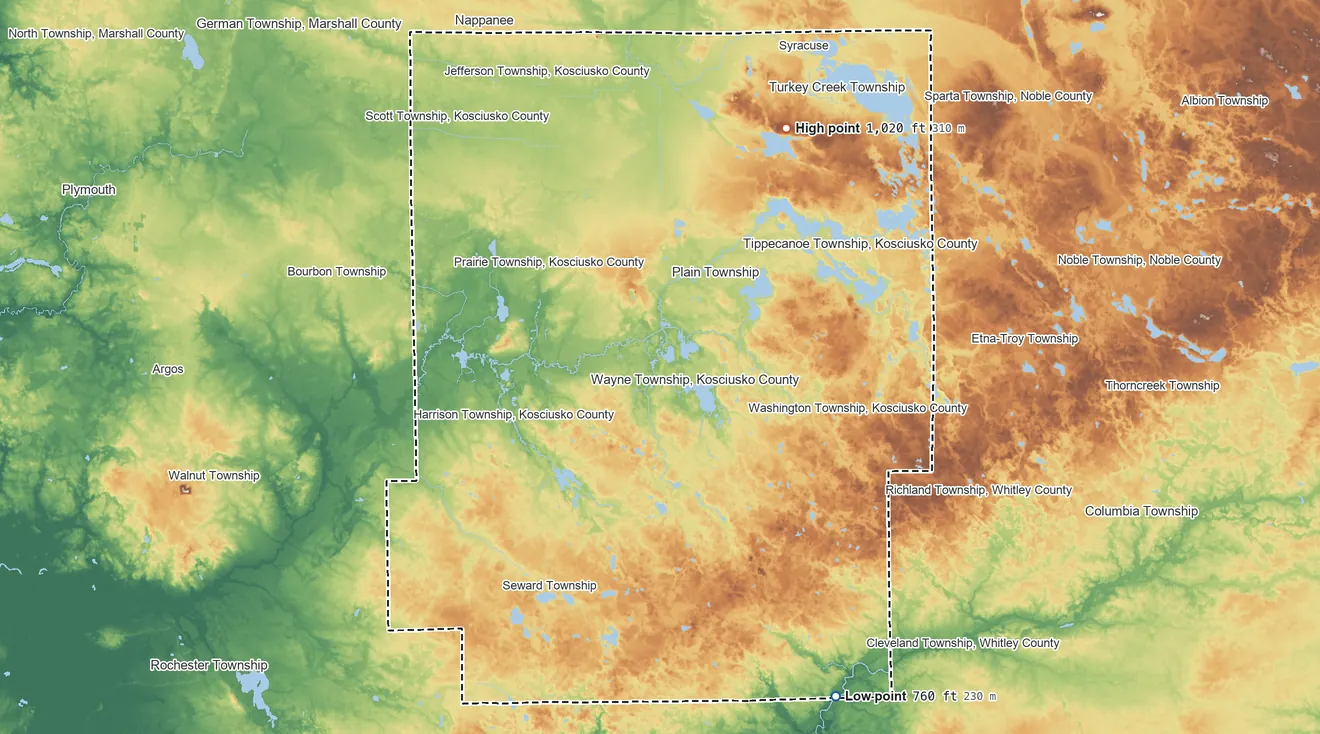 Topographic elevation map of Kosciusko County, Indiana, shaded from 760 ft on the southeast side to 1,020 ft on the northeast side