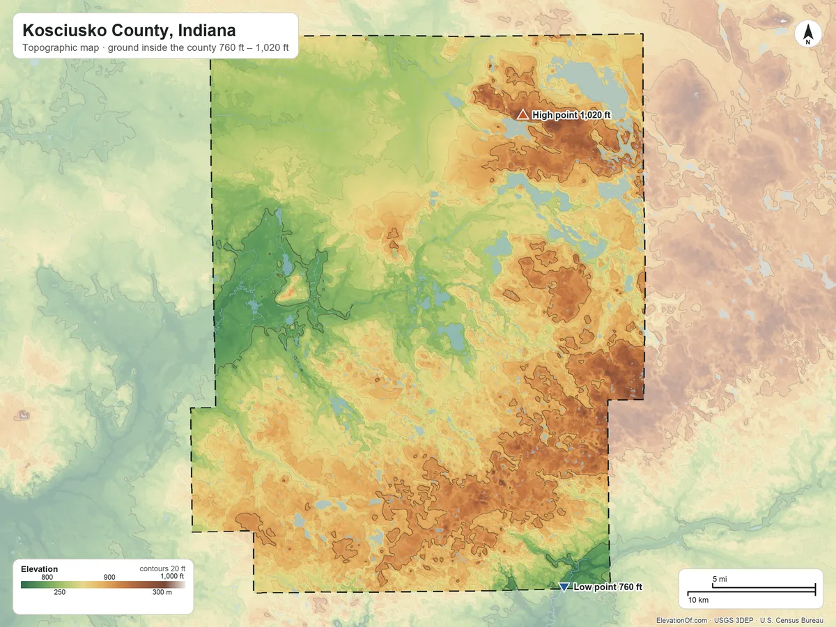 Topographic elevation map of Kosciusko County, Indiana, shaded from 760 ft on the southeast side to 1,020 ft on the northeast side