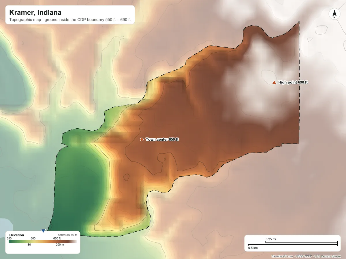 Topographic elevation map of Kramer, Indiana, shaded from 550 ft on the southwest side to 690 ft on the northeast side