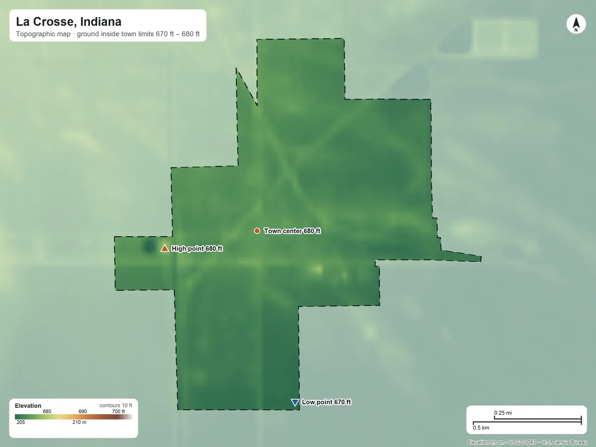 Topographic elevation map of La Crosse, Indiana, shaded from 670 ft on the south side to 680 ft on the west side