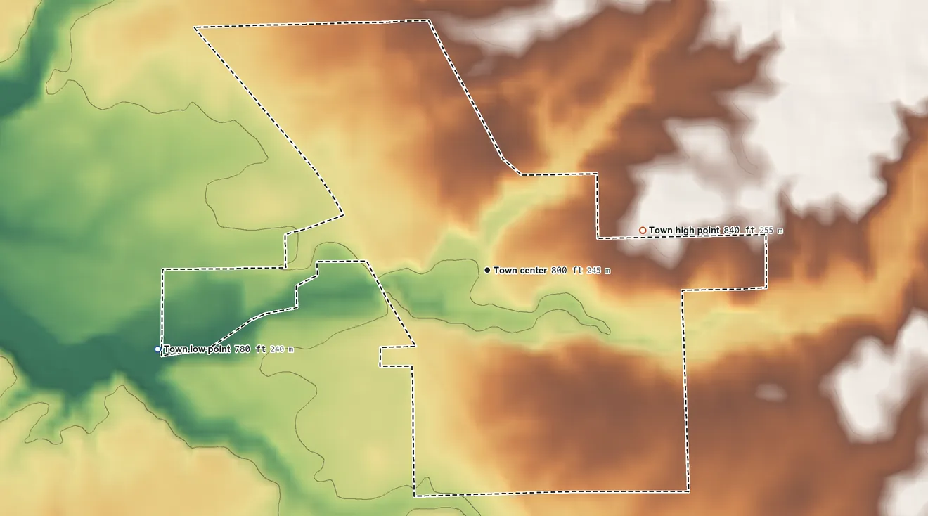 Topographic elevation map of La Fontaine, Indiana, shaded from 780 ft on the west side to 840 ft on the east side