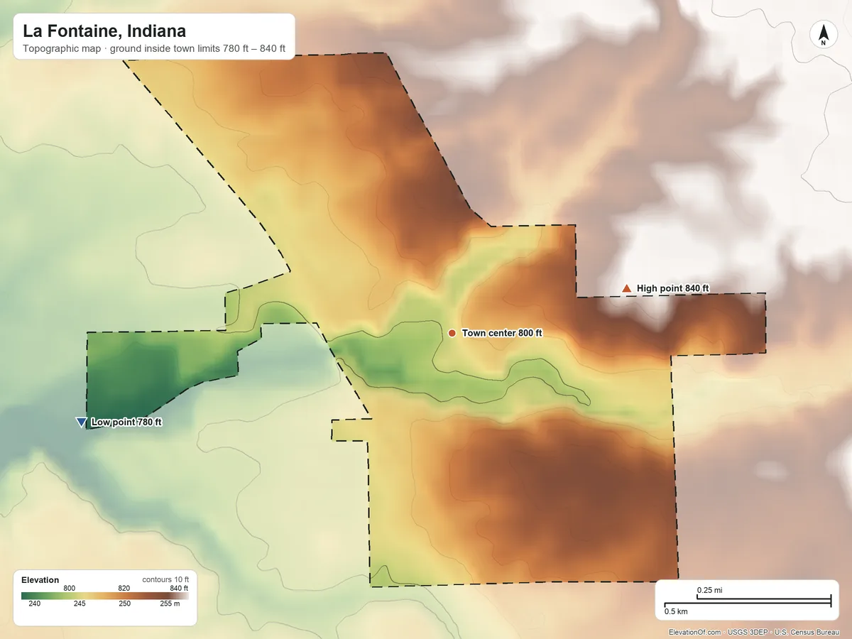 Topographic elevation map of La Fontaine, Indiana, shaded from 780 ft on the west side to 840 ft on the east side