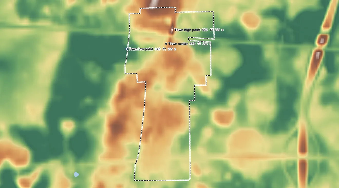 Topographic elevation map of La Paz, Indiana, shaded from 840 ft on the west side to 880 ft near the middle