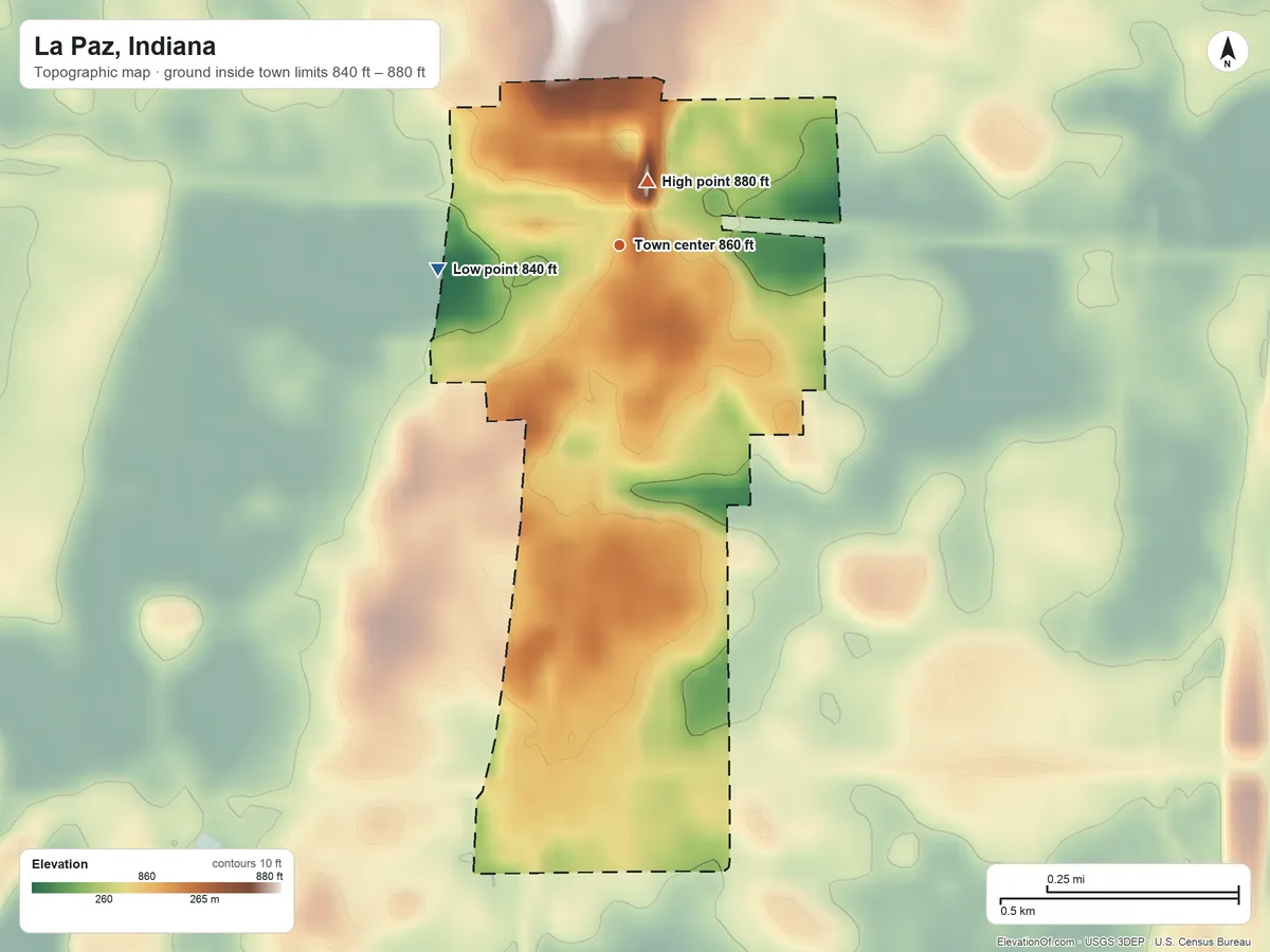 Topographic elevation map of La Paz, Indiana, shaded from 840 ft on the west side to 880 ft near the middle