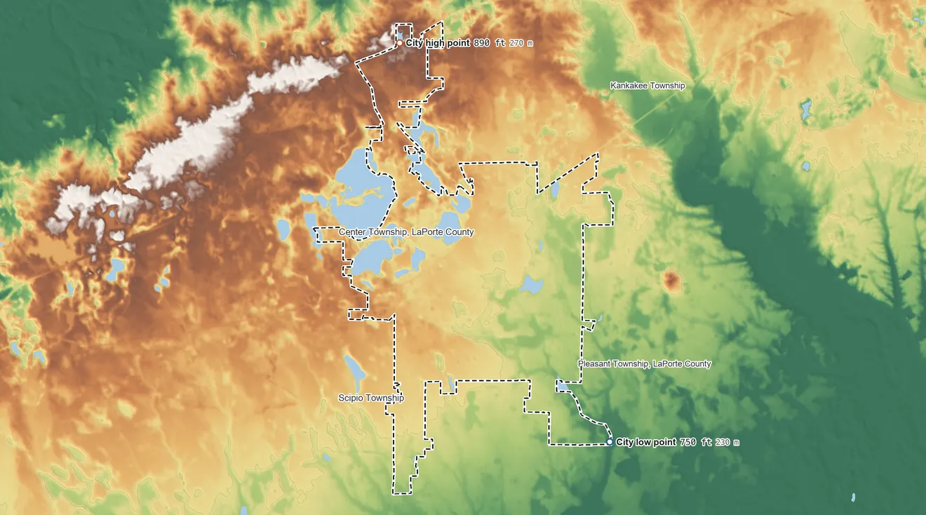 Topographic elevation map of La Porte, Indiana, shaded from 750 ft on the southeast side to 890 ft on the north side