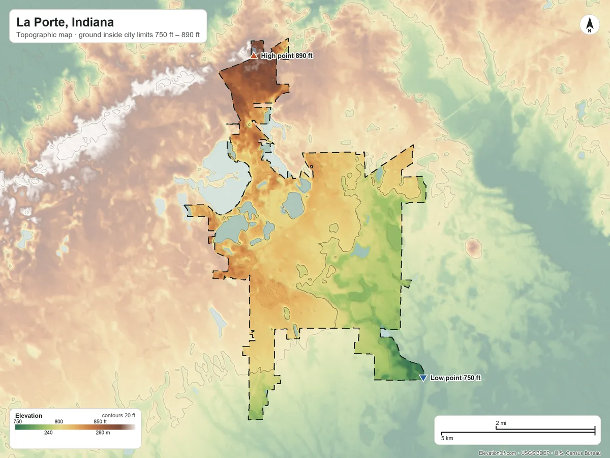 Topographic elevation map of La Porte, Indiana, shaded from 750 ft on the southeast side to 890 ft on the north side