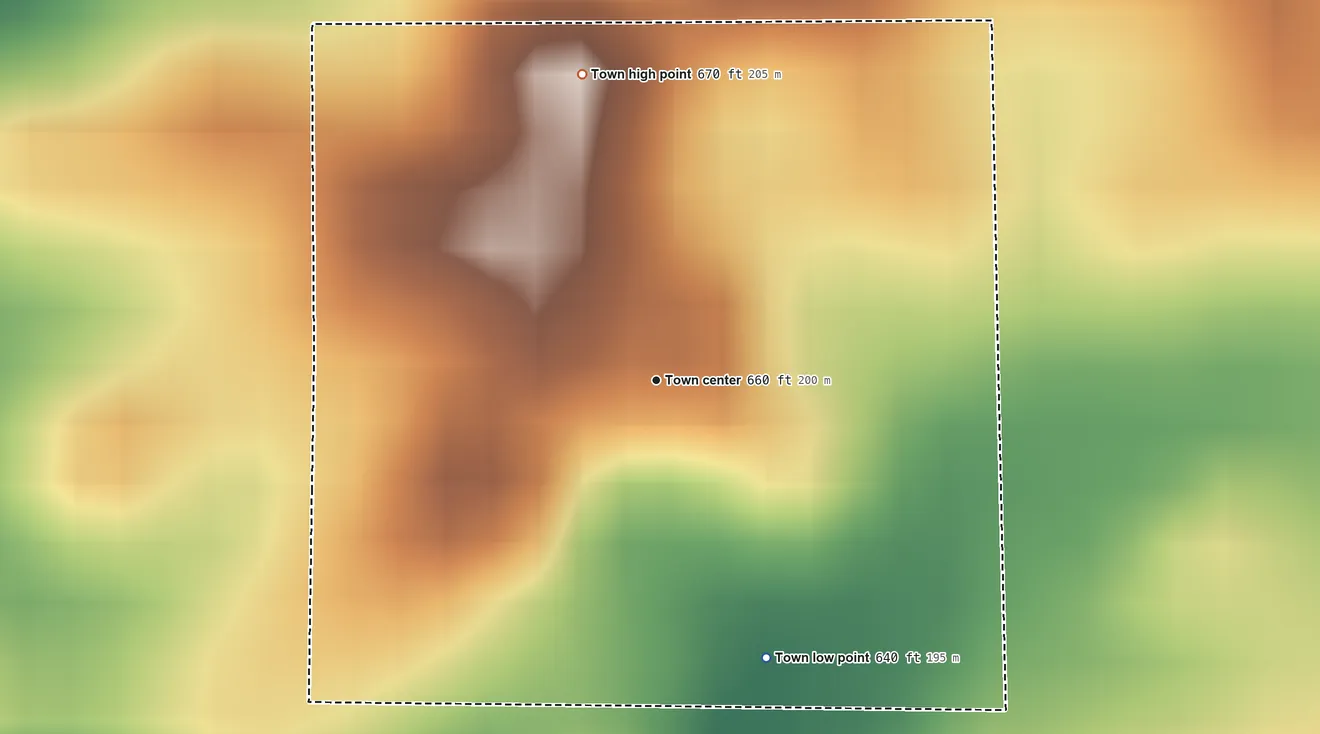 Topographic elevation map of Laconia, Indiana, shaded from 640 ft on the south side to 670 ft on the north side